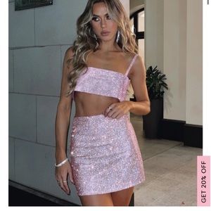 White Fox Boutique Pink Diamanté crop top & skirt. Sold out online